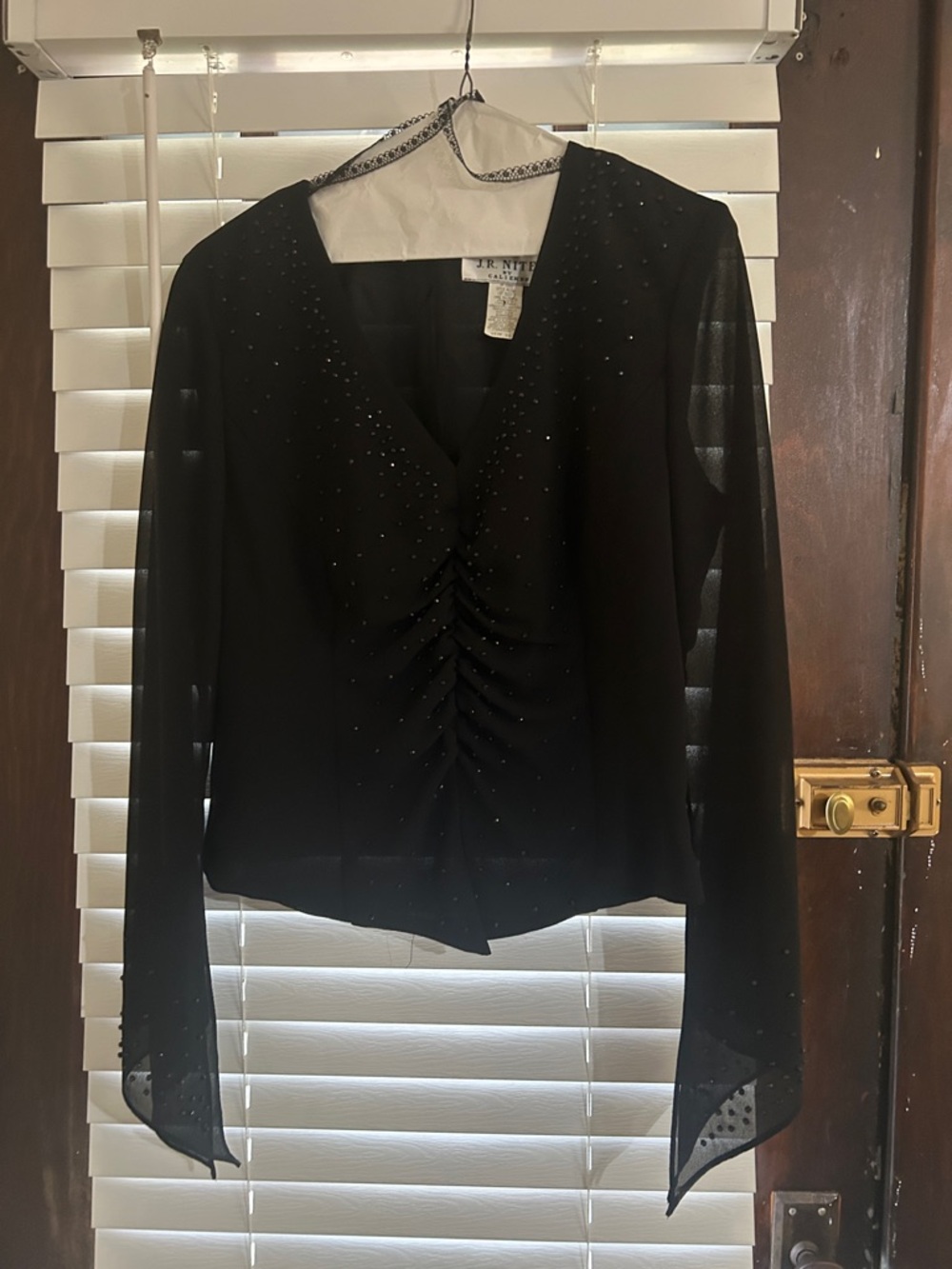 Black Sheer-Sleeve Ruched V-Neck Blouse